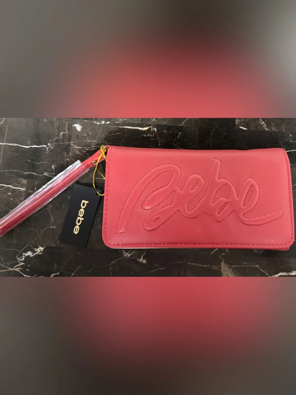 bebe Red Quilted Script Logo Continental Wallet